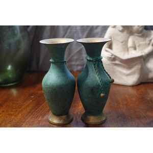Vintage‎ brass metal tulip shape set of 2 vases 6 inches metal rope decor
